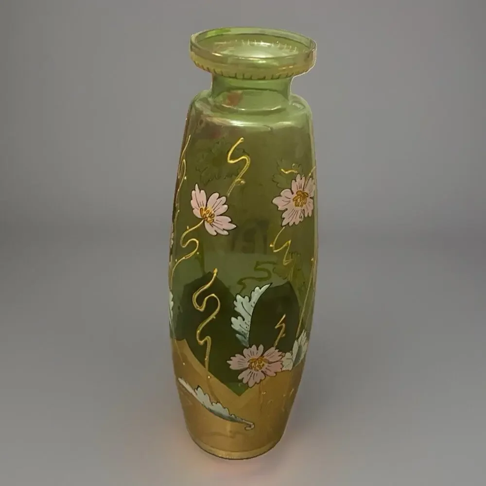 Fritz Heckert Style Art Nouveau Green Floral Gilt Enamel Blown Glass Vase 9.25